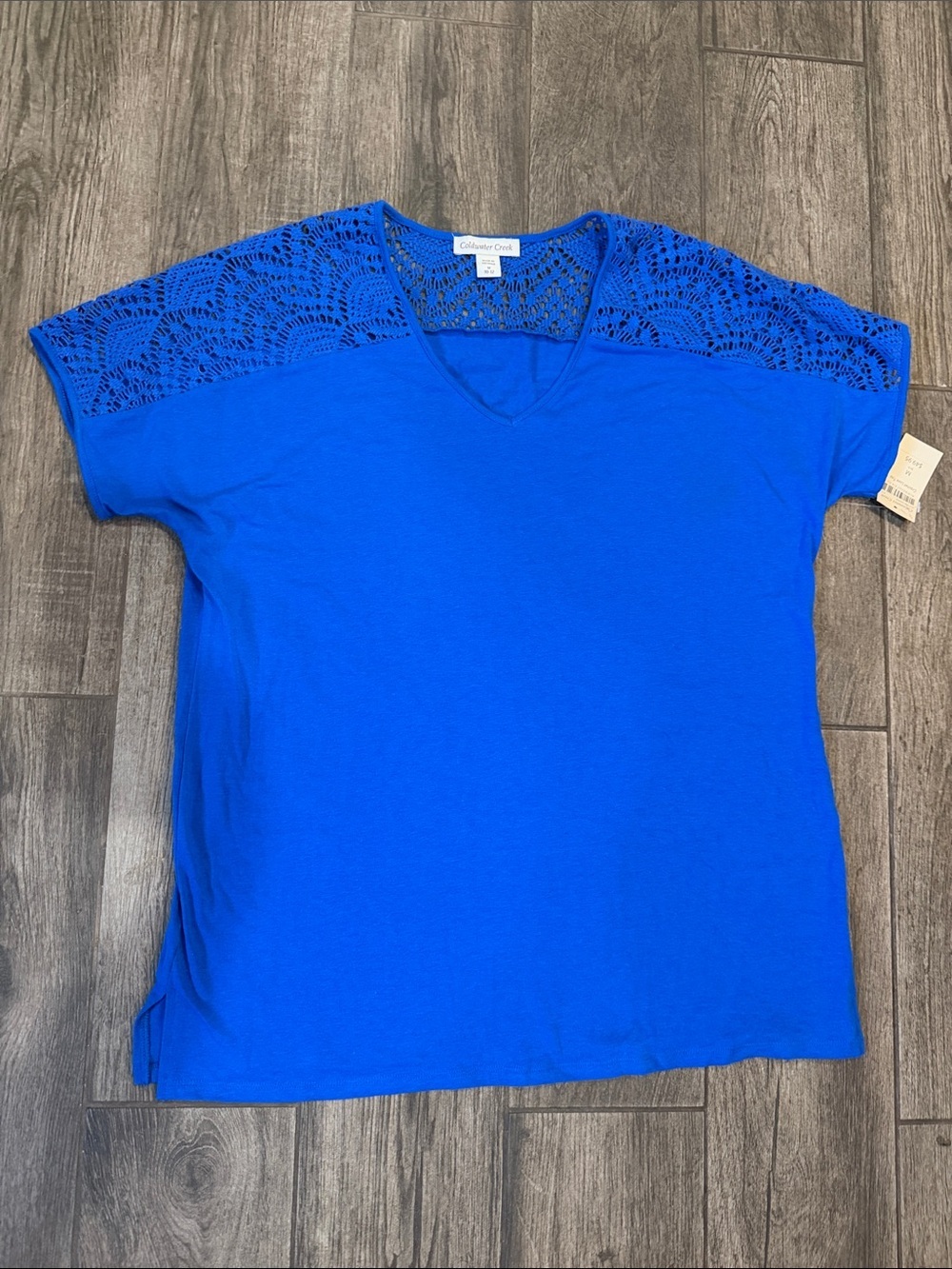 NWT Coldwater Creek Blue Short-Sleeve Blouse with Crochet/Lace Shoulders